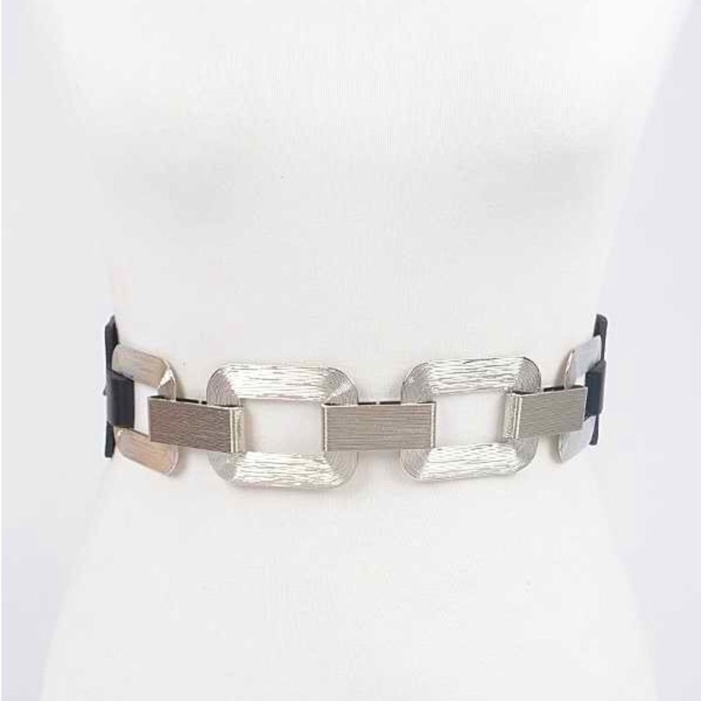 Plus Size Black & Silver Brushed Chain Accent Waist Statement